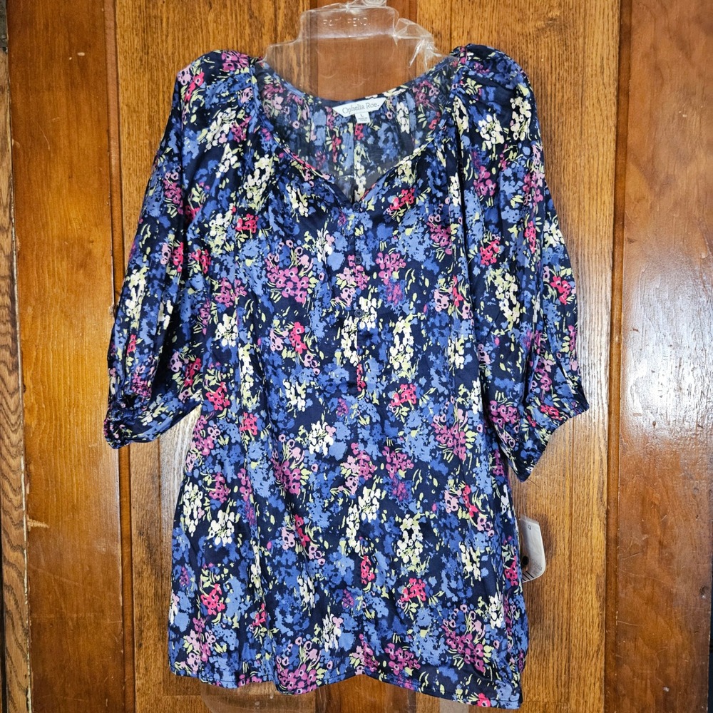 Ophelia Roe Peasant Top Womens Large Floral Navy Blue 3/4 Sleeve Blouse New